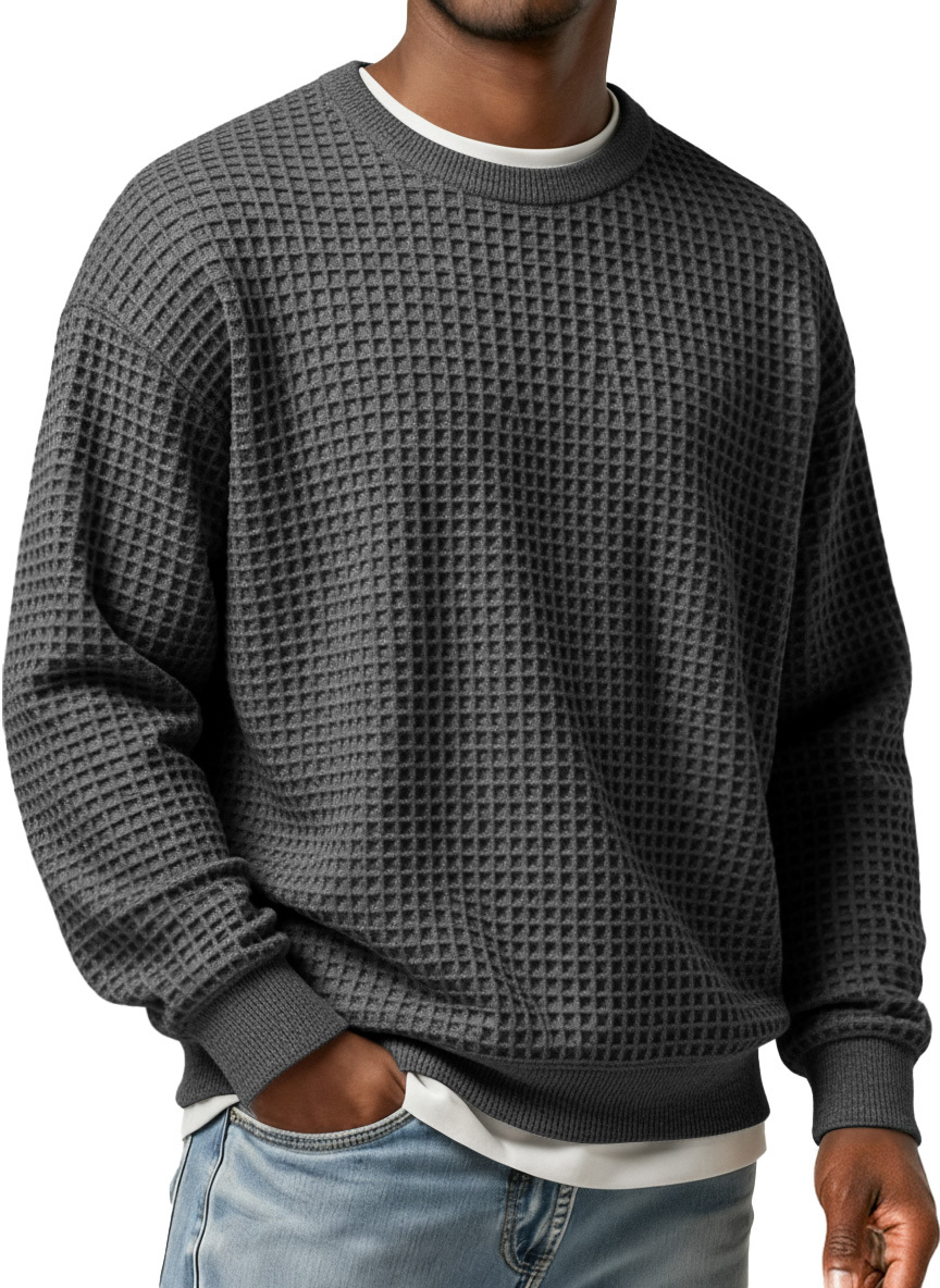 Men's Simple Waffle Round Neck Loose Casual Long-sleeved T-shirt-tidenox