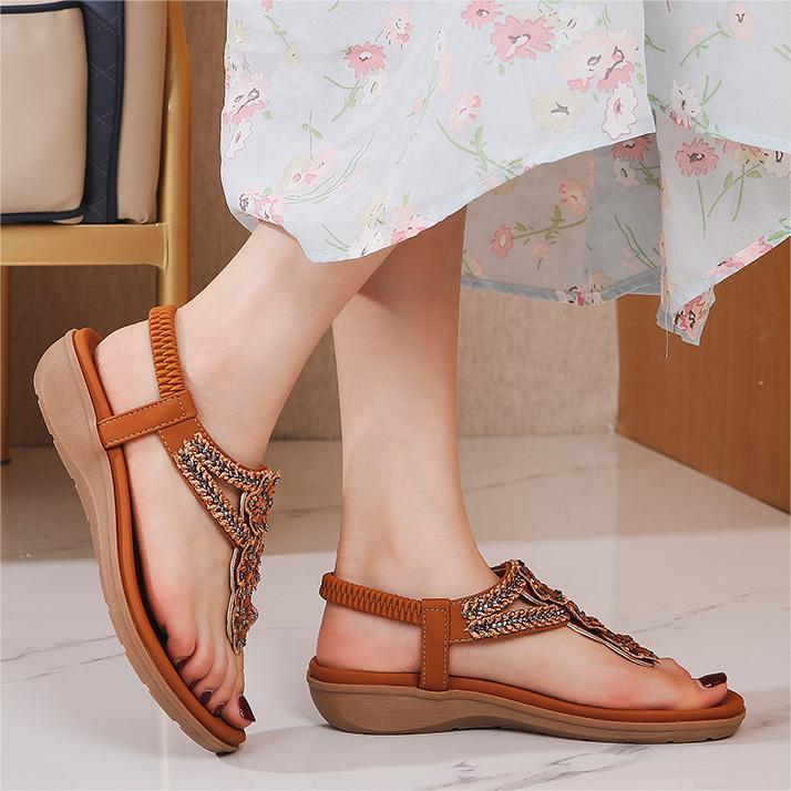 Women's Flat Sandals Ladies Thong Flat Sandals Bohemian Beaded Strap Sandals Diamante Rhinestone Leather Sandals-tidenox