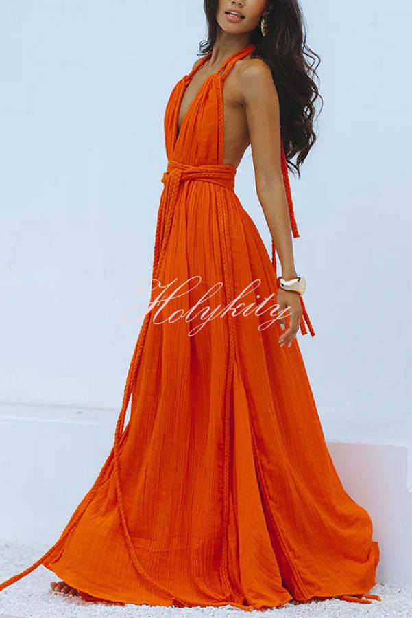 Summer Whispers Linen Blend Draped Braids Deep V-neck Halter Backless Cover Up Maxi Dress-tidenox