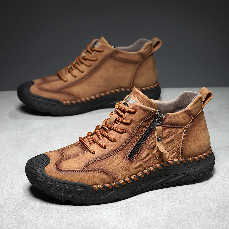 Men’s Outdoor Leather Shoes with Zipper – Waterproof, Arch Support & Wide Toe Comfort-tidenox