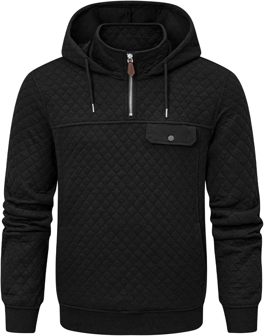 Men's Quilted Hoodies Casual Long Sleeve Quarter-Zip Pullover Sweatshirt with Pockets-tidenox
