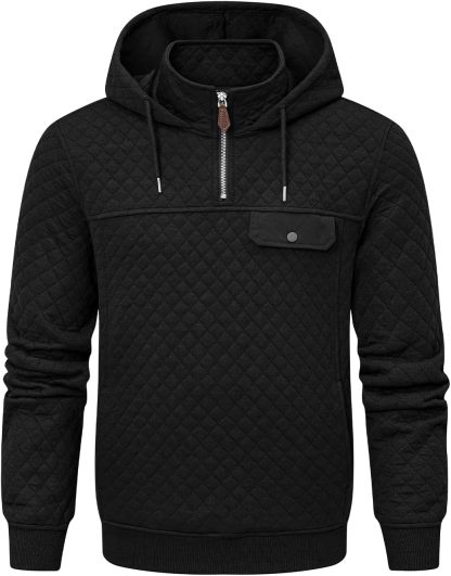 Men's Quilted Hoodies Casual Long Sleeve Quarter-Zip Pullover Sweatshirt with Pockets-tidenox