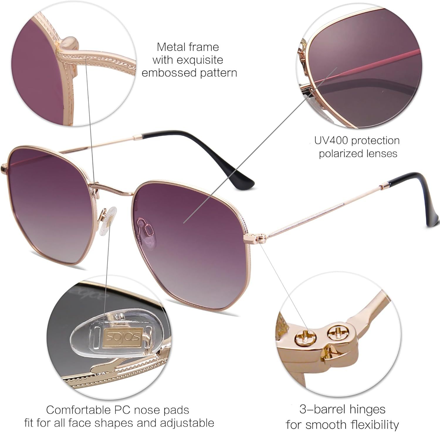 SOJOS Square Polarized Sunglasses for Women Men Small Hexagonal Polygon Shades SJ1072-tidenox