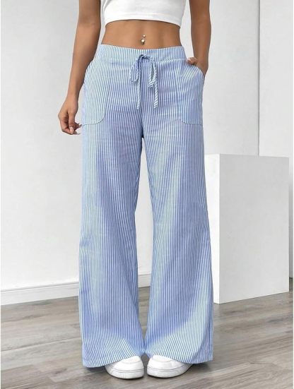 Striped Pants Women Baggy Drawstring Wide Leg Lounge Pants w/Pockets Loose