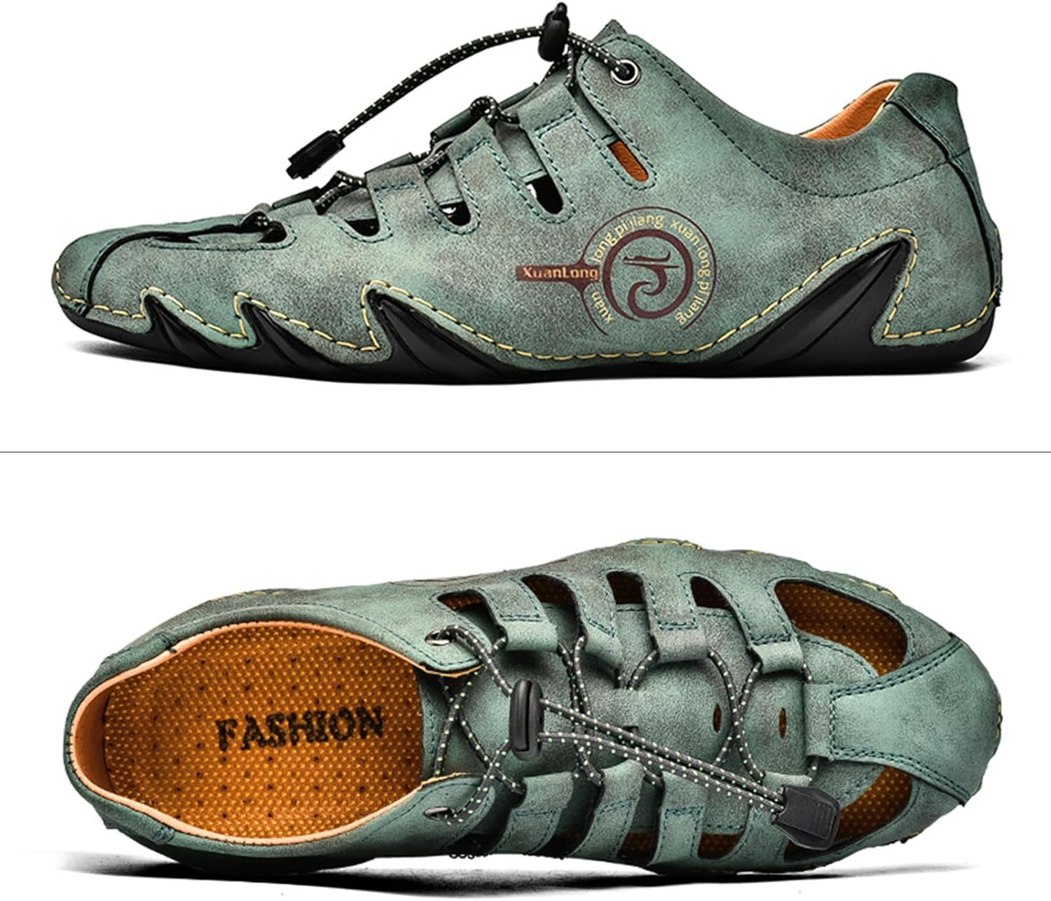  Men's Closed Toe Outdoor Leather Sandals Lightweight Adjustable Trail Hiking Walking Athletic Sandals Summer Casual Beach -tidenox