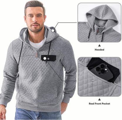 Men's Quilted Hoodies Casual Long Sleeve Quarter-Zip Pullover Sweatshirt with Pockets-tidenox