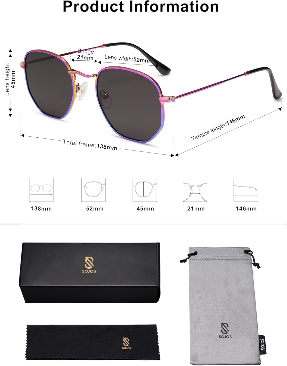 SOJOS Square Polarized Sunglasses for Women Men Small Hexagonal Polygon Shades SJ1072-tidenox