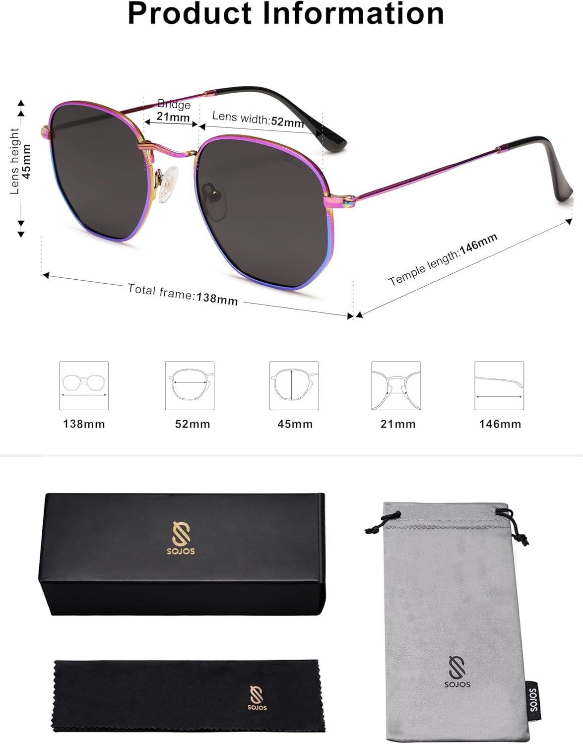 SOJOS Square Polarized Sunglasses for Women Men Small Hexagonal Polygon Shades SJ1072-tidenox