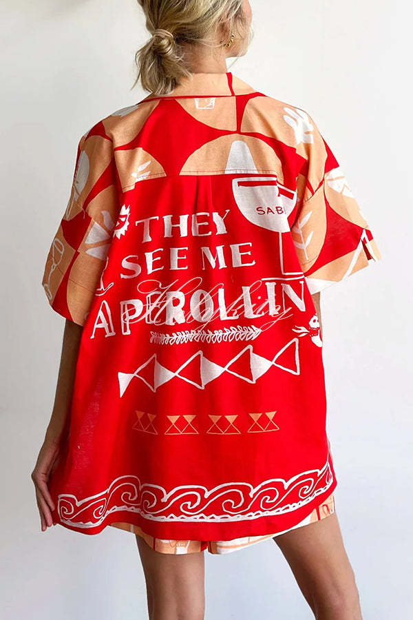 Linen Blend Unique Printed Shirt Top and Elastic Waisted Loose Pocket Shorts Set-tidenox