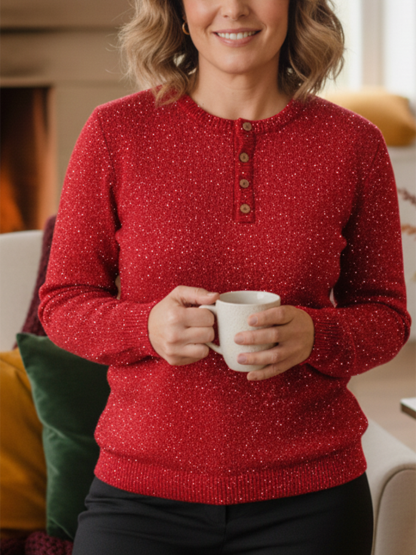 Women's Shiny Henley Neck Solid Color Sweater Top-tidenox