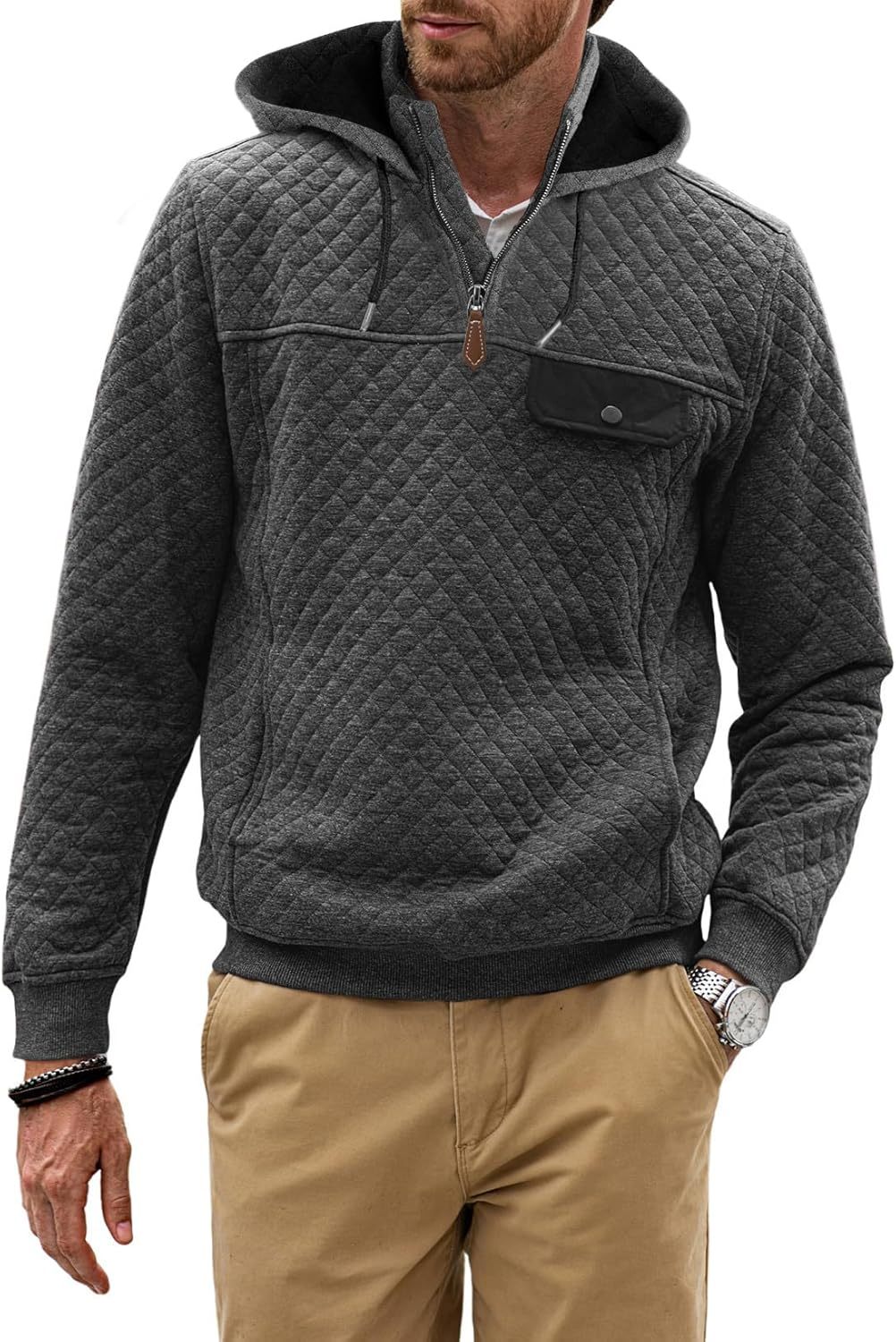 Men's Quilted Hoodies Casual Long Sleeve Quarter-Zip Pullover Sweatshirt with Pockets-tidenox