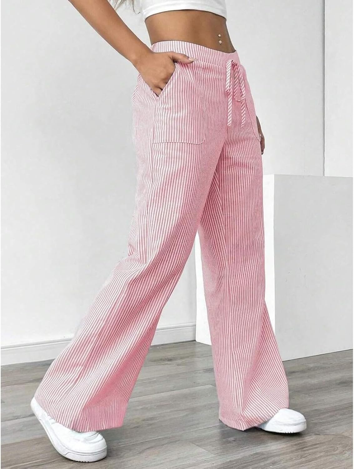 Striped Pants Women Baggy Drawstring Wide Leg Lounge Pants w/Pockets Loose