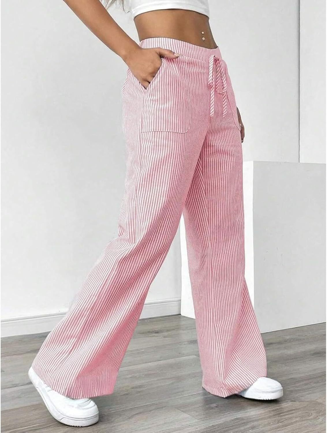 Striped Pants Women Baggy Drawstring Wide Leg Lounge Pants w/Pockets Loose