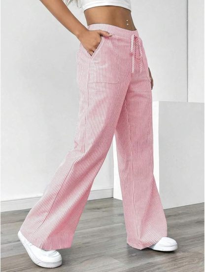 Striped Pants Women Baggy Drawstring Wide Leg Lounge Pants w/Pockets Loose