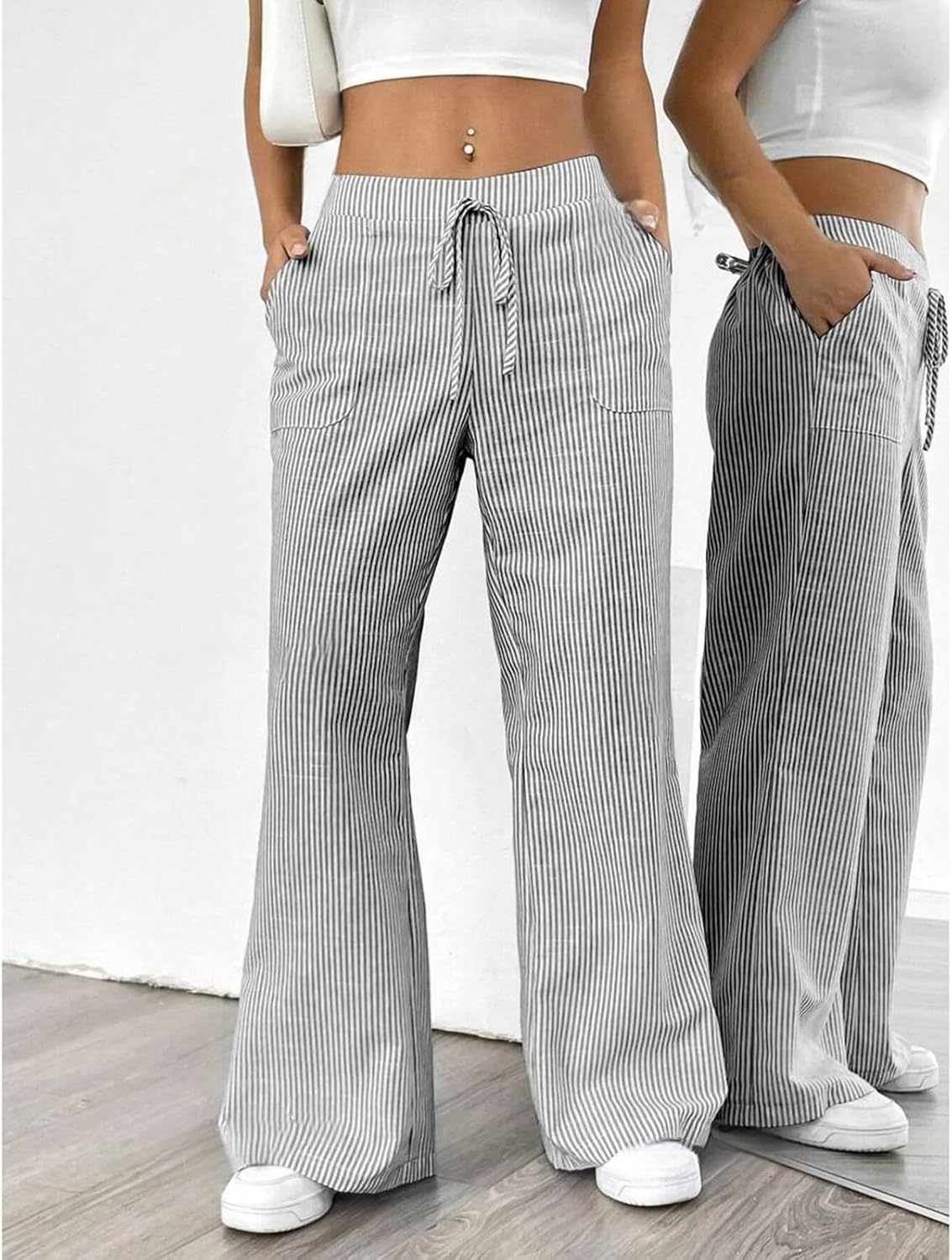 Striped Pants Women Baggy Drawstring Wide Leg Lounge Pants w/Pockets Loose
