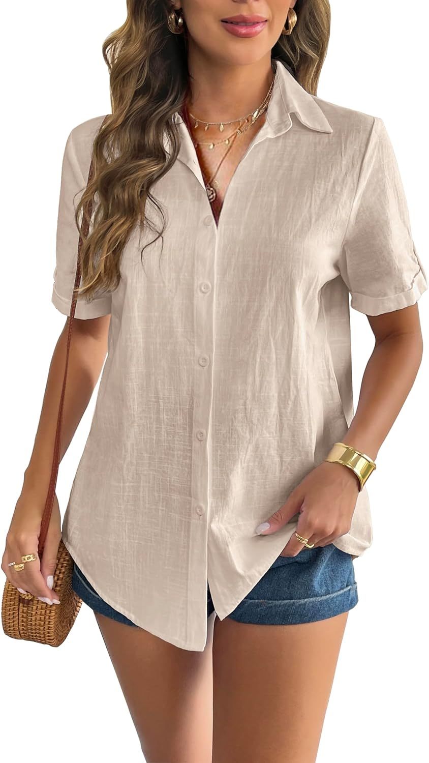 Zeagoo Women Linen Button Down Shirt Rolled Cuffed Short Sleeve Blouse Ladies Summer Casual V Neck Beach Cotton Tops-tidenox