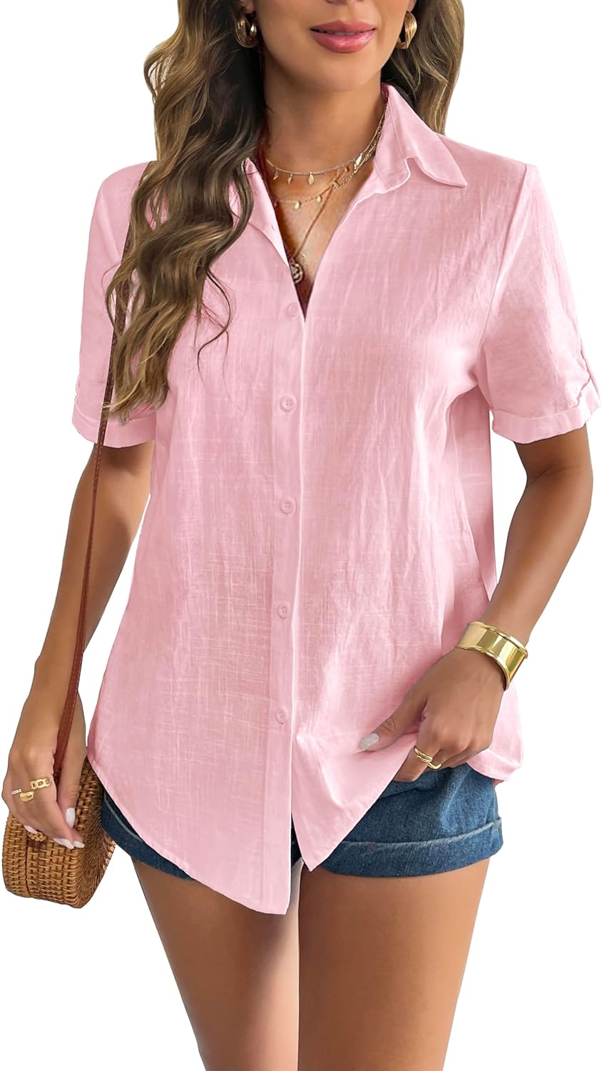 Zeagoo Women Linen Button Down Shirt Rolled Cuffed Short Sleeve Blouse Ladies Summer Casual V Neck Beach Cotton Tops-tidenox