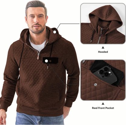 Men's Quilted Hoodies Casual Long Sleeve Quarter-Zip Pullover Sweatshirt with Pockets-tidenox