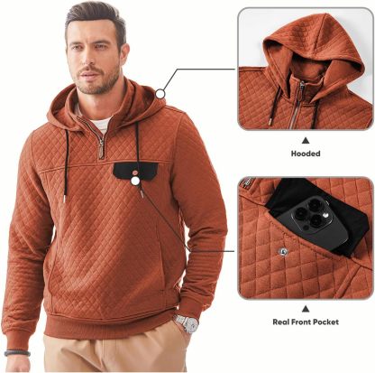Men's Quilted Hoodies Casual Long Sleeve Quarter-Zip Pullover Sweatshirt with Pockets-tidenox