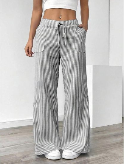 Striped Pants Women Baggy Drawstring Wide Leg Lounge Pants w/Pockets Loose