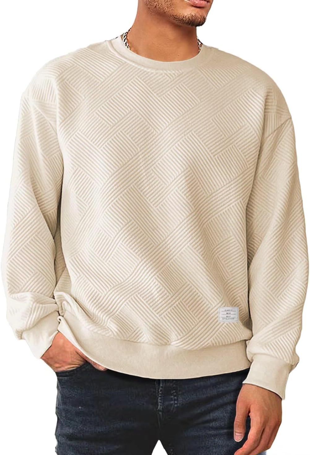 Men's Crewneck Sweatshirts Soild Color Geometric Texture Long Sleeve Casual Pullover Shirt-tidenox
