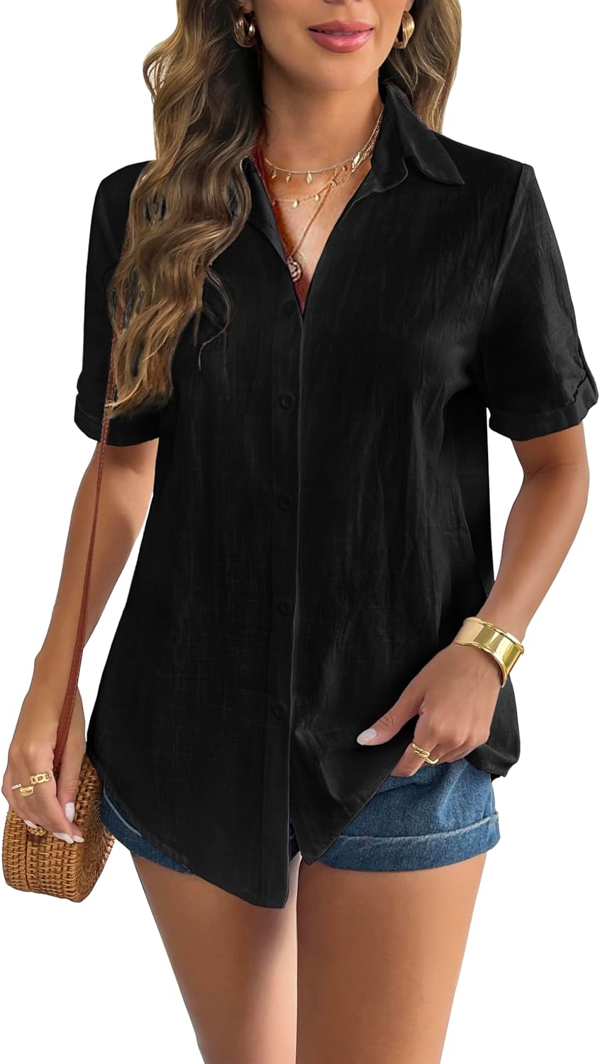 Zeagoo Women Linen Button Down Shirt Rolled Cuffed Short Sleeve Blouse Ladies Summer Casual V Neck Beach Cotton Tops-tidenox