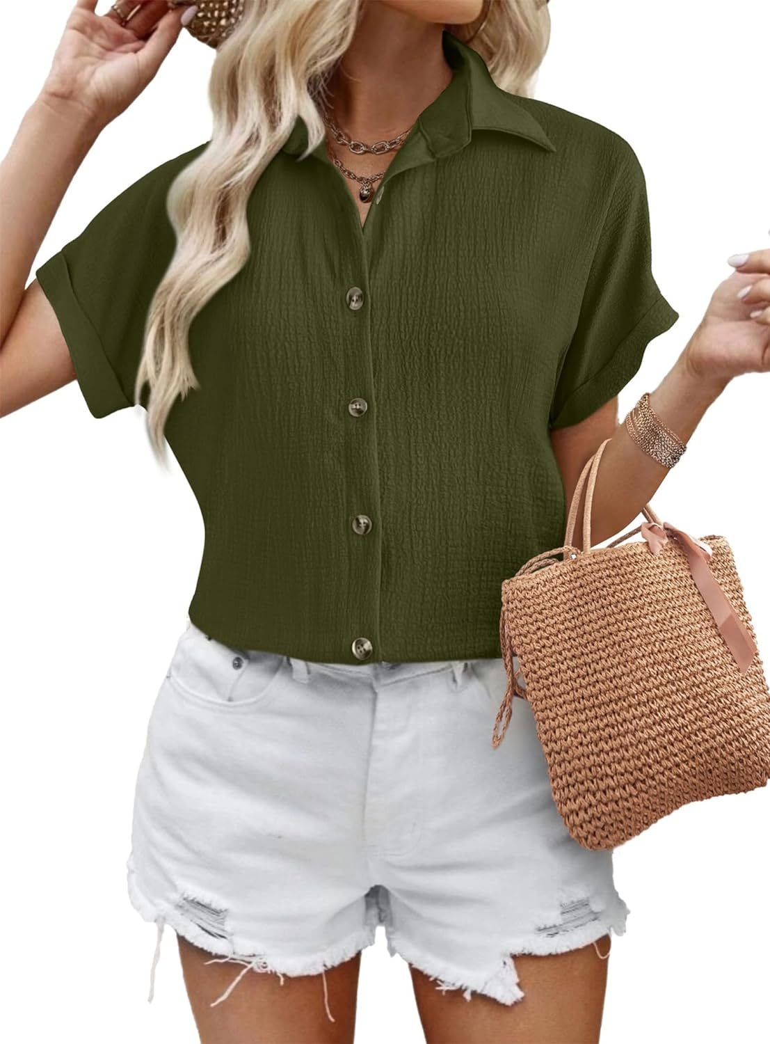 Zeagoo Short Sleeve Casual Roll-Up Cuffed Tops-tidenox