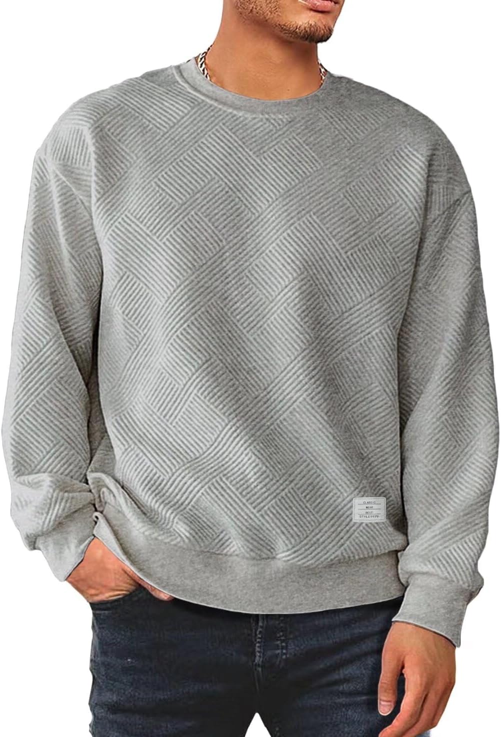 Men's Crewneck Sweatshirts Soild Color Geometric Texture Long Sleeve Casual Pullover Shirt-tidenox