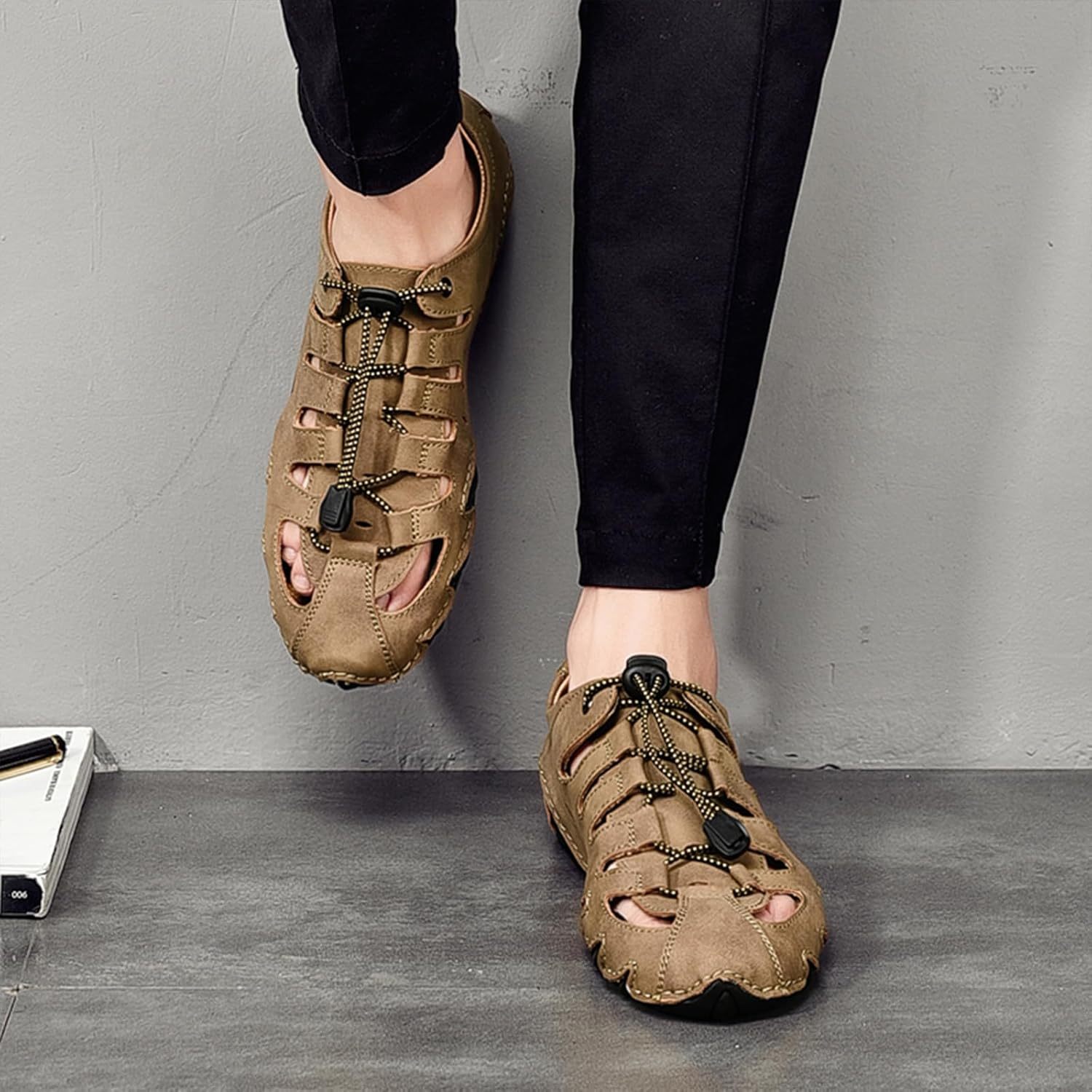  Men's Closed Toe Outdoor Leather Sandals Lightweight Adjustable Trail Hiking Walking Athletic Sandals Summer Casual Beach -tidenox