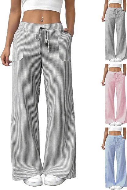 Striped Pants Women Baggy Drawstring Wide Leg Lounge Pants w/Pockets Loose