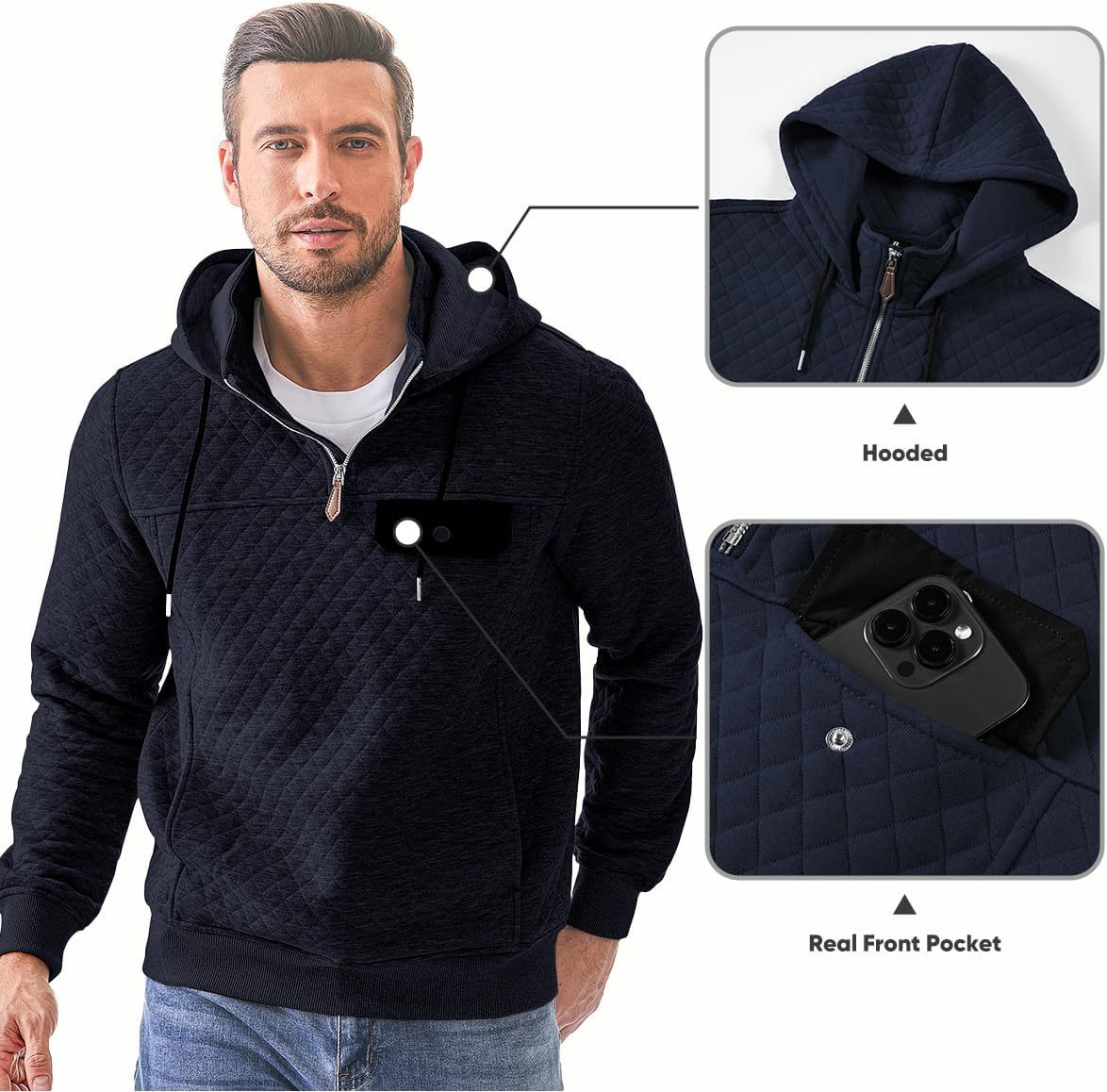 Men's Quilted Hoodies Casual Long Sleeve Quarter-Zip Pullover Sweatshirt with Pockets-tidenox
