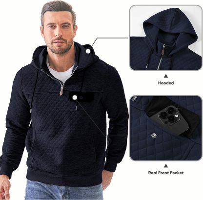 Men's Quilted Hoodies Casual Long Sleeve Quarter-Zip Pullover Sweatshirt with Pockets-tidenox