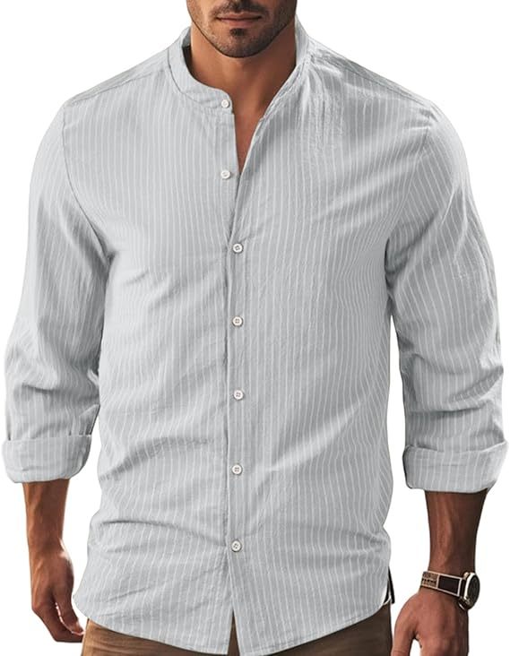 Linen Button Down Shirt Men,Long Sleeve Casual Banded Collar Striped Shirts -tidenox