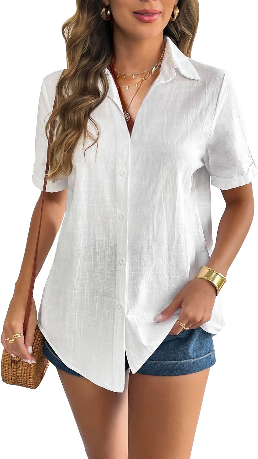 Zeagoo Women Linen Button Down Shirt Rolled Cuffed Short Sleeve Blouse Ladies Summer Casual V Neck Beach Cotton Tops-tidenox