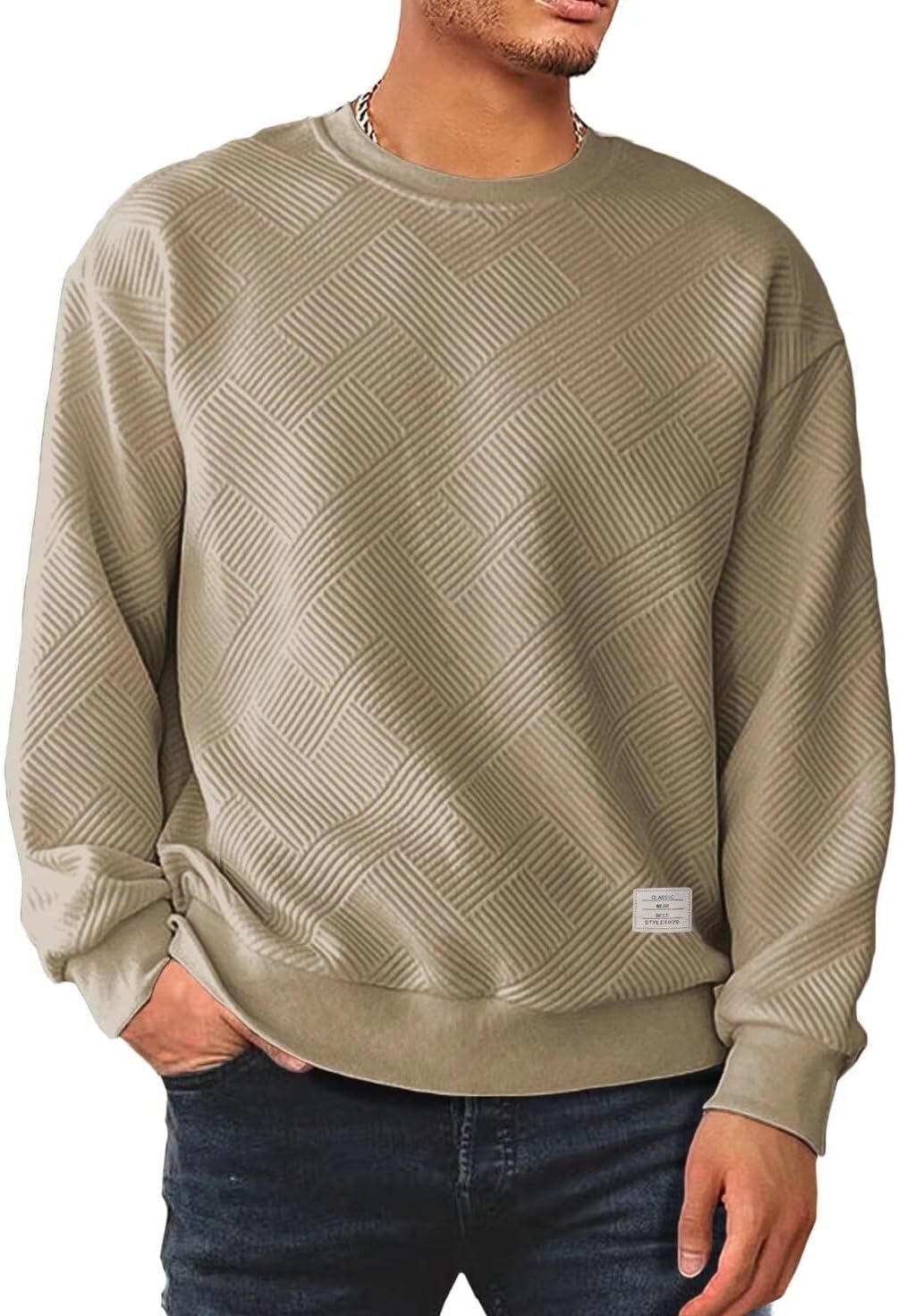 Men's Crewneck Sweatshirts Soild Color Geometric Texture Long Sleeve Casual Pullover Shirt-tidenox