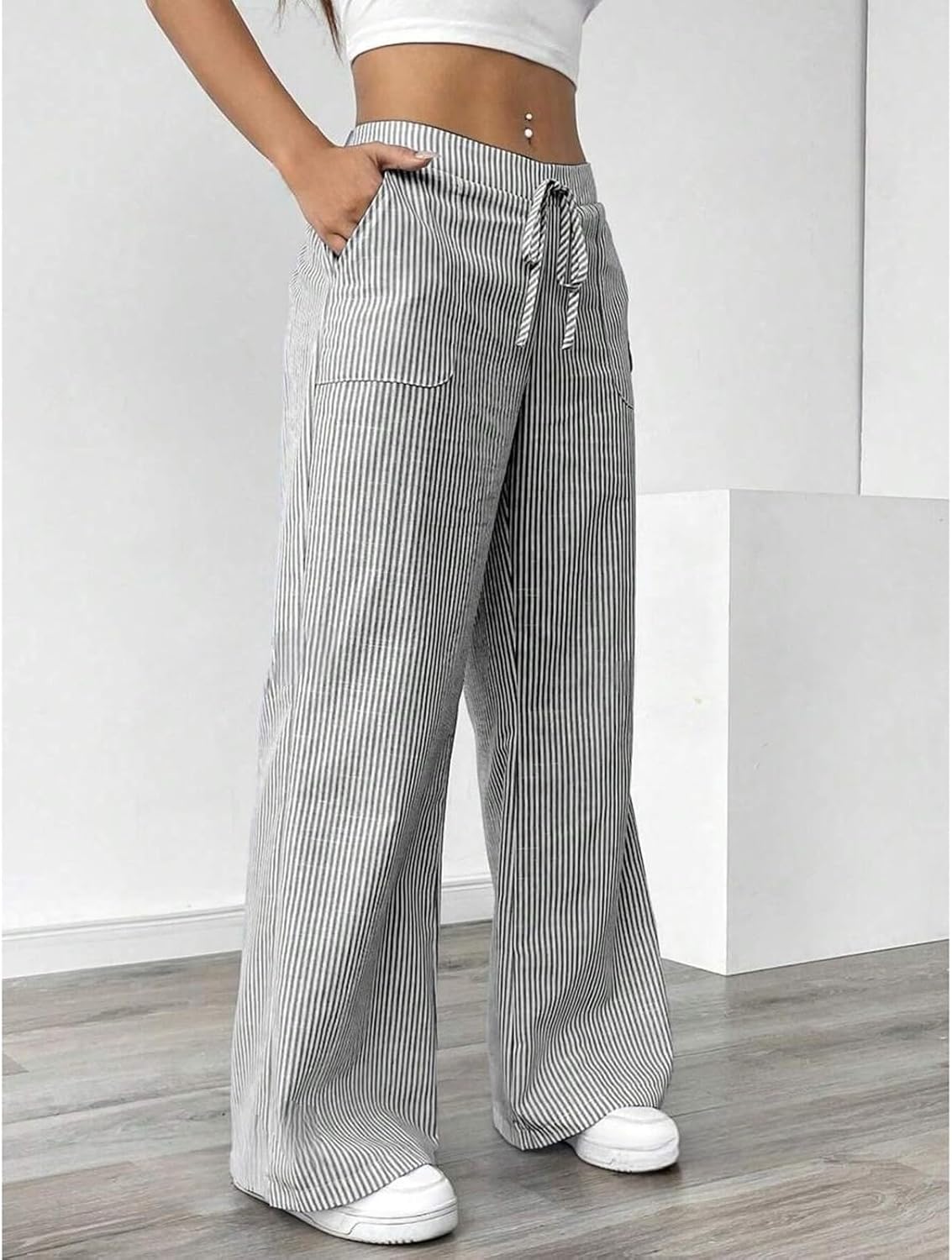 Striped Pants Women Baggy Drawstring Wide Leg Lounge Pants w/Pockets Loose