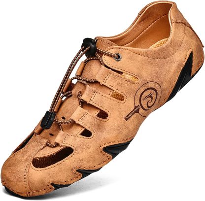  Men's Closed Toe Outdoor Leather Sandals Lightweight Adjustable Trail Hiking Walking Athletic Sandals Summer Casual Beach 