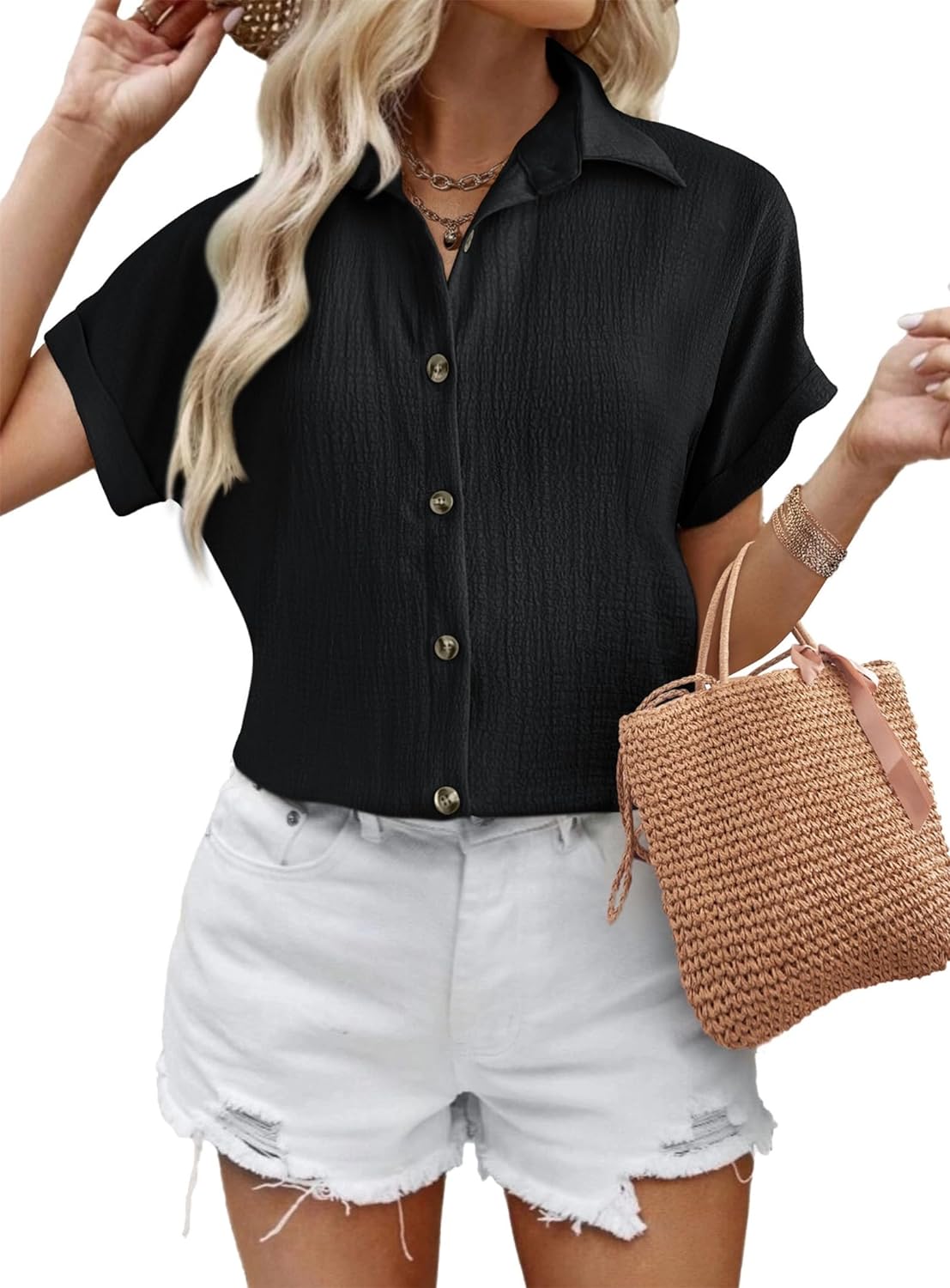 Zeagoo Short Sleeve Casual Roll-Up Cuffed Tops-tidenox