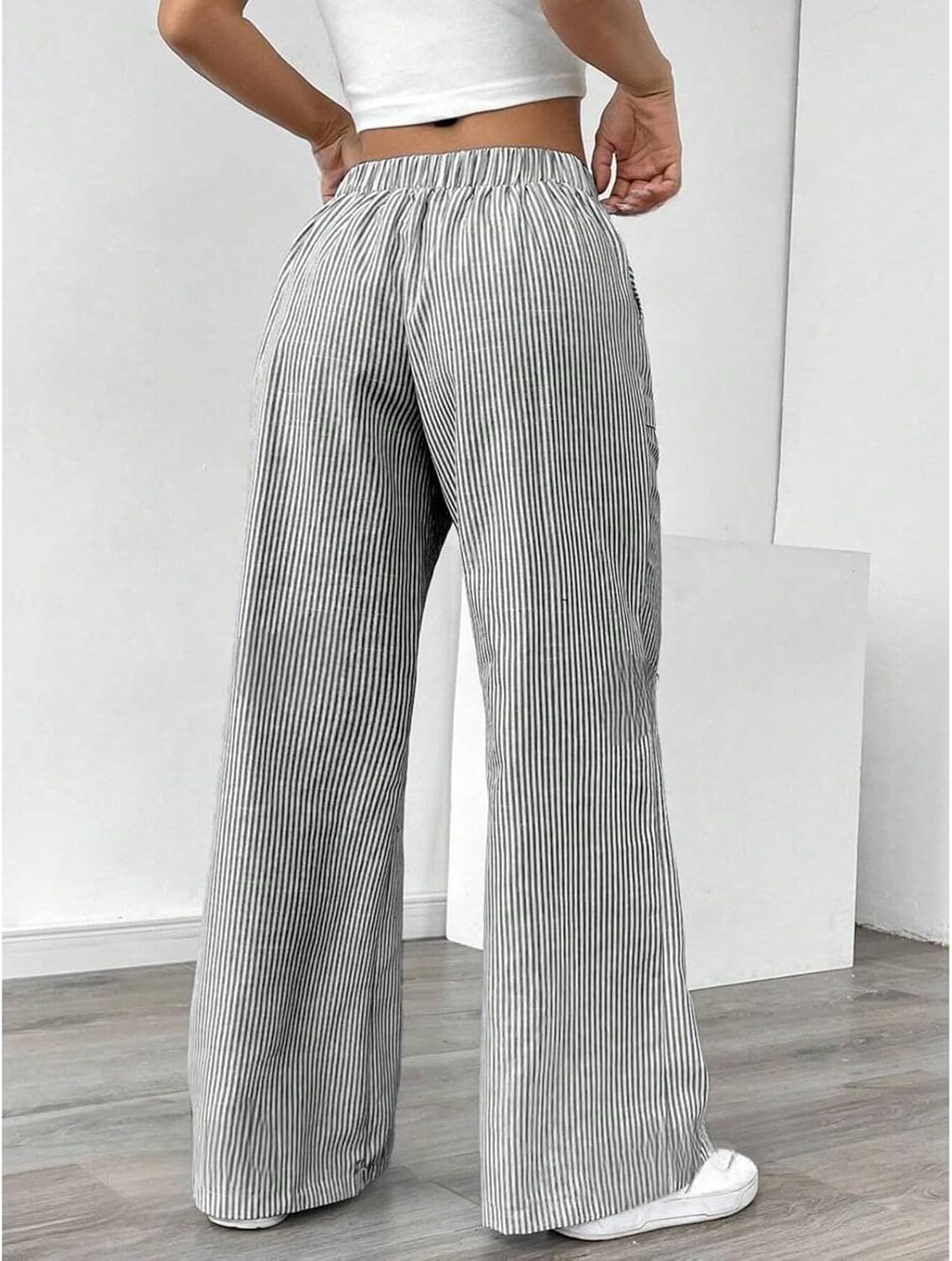 Striped Pants Women Baggy Drawstring Wide Leg Lounge Pants w/Pockets Loose
