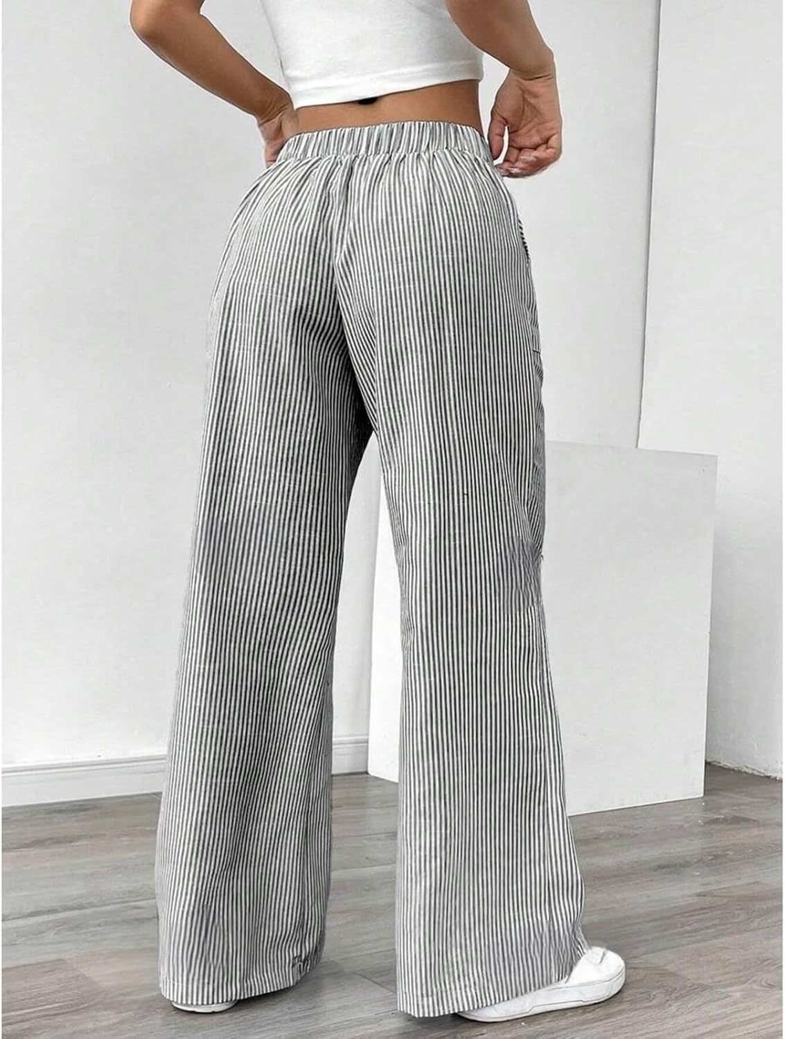 Striped Pants Women Baggy Drawstring Wide Leg Lounge Pants w/Pockets Loose