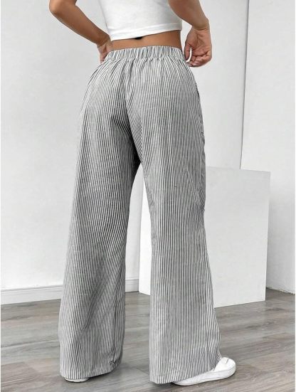 Striped Pants Women Baggy Drawstring Wide Leg Lounge Pants w/Pockets Loose
