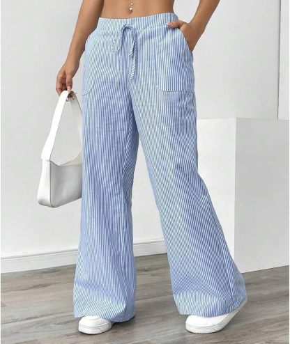 Striped Pants Women Baggy Drawstring Wide Leg Lounge Pants w/Pockets Loose