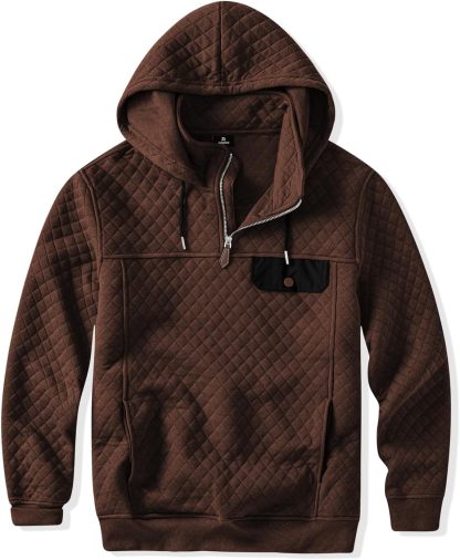 Men's Quilted Hoodies Casual Long Sleeve Quarter-Zip Pullover Sweatshirt with Pockets-tidenox