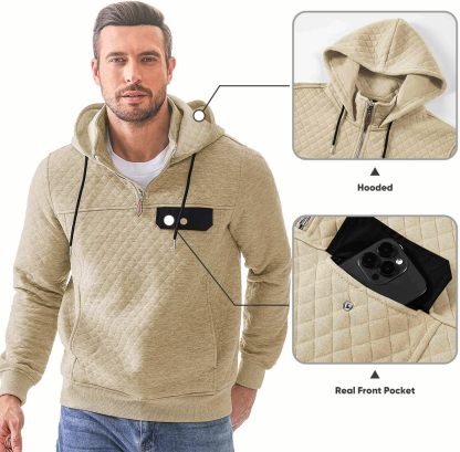 Men's Quilted Hoodies Casual Long Sleeve Quarter-Zip Pullover Sweatshirt with Pockets-tidenox