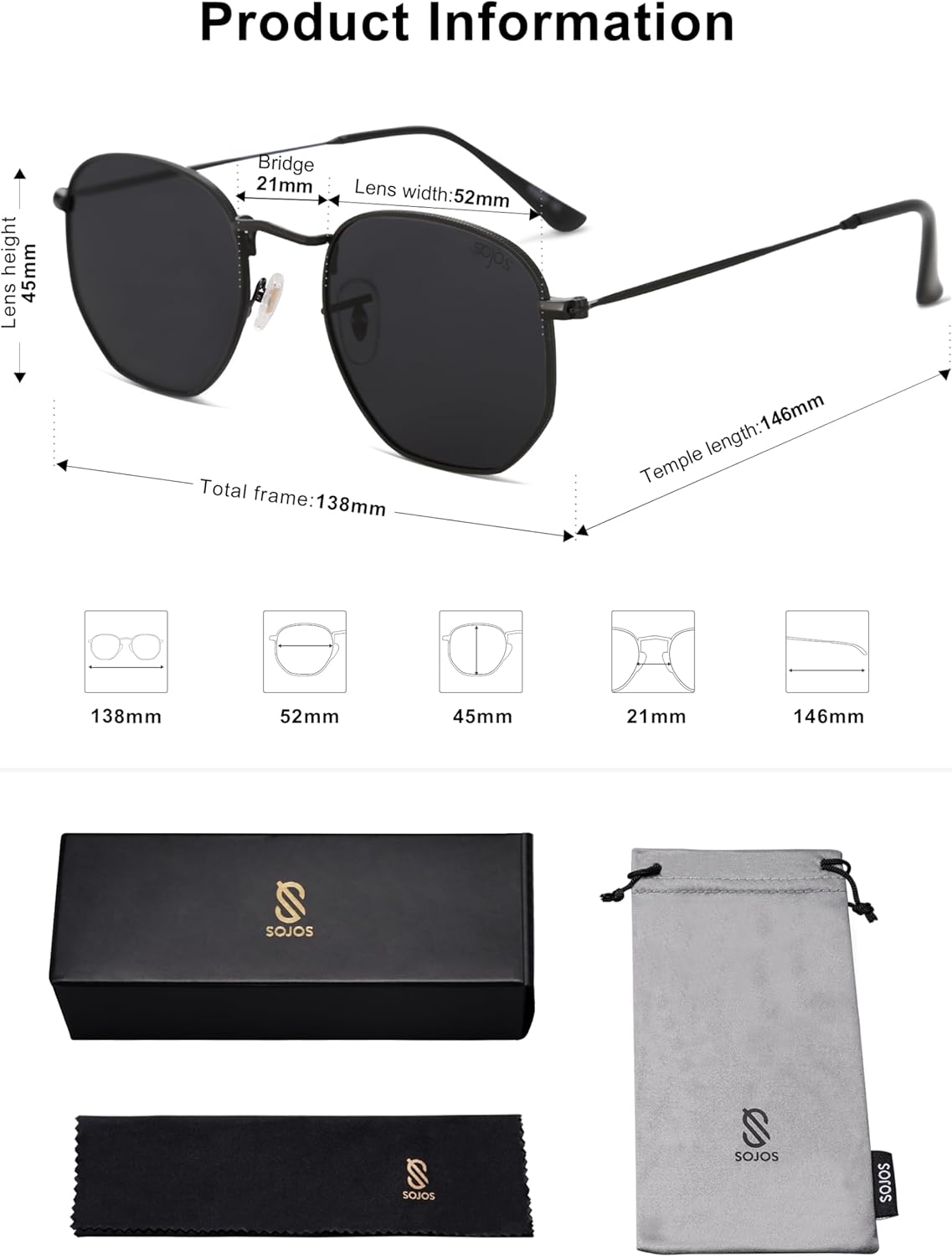 SOJOS Square Polarized Sunglasses for Women Men Small Hexagonal Polygon Shades SJ1072-tidenox