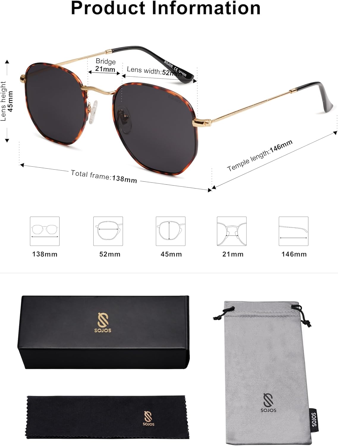 SOJOS Square Polarized Sunglasses for Women Men Small Hexagonal Polygon Shades SJ1072-tidenox