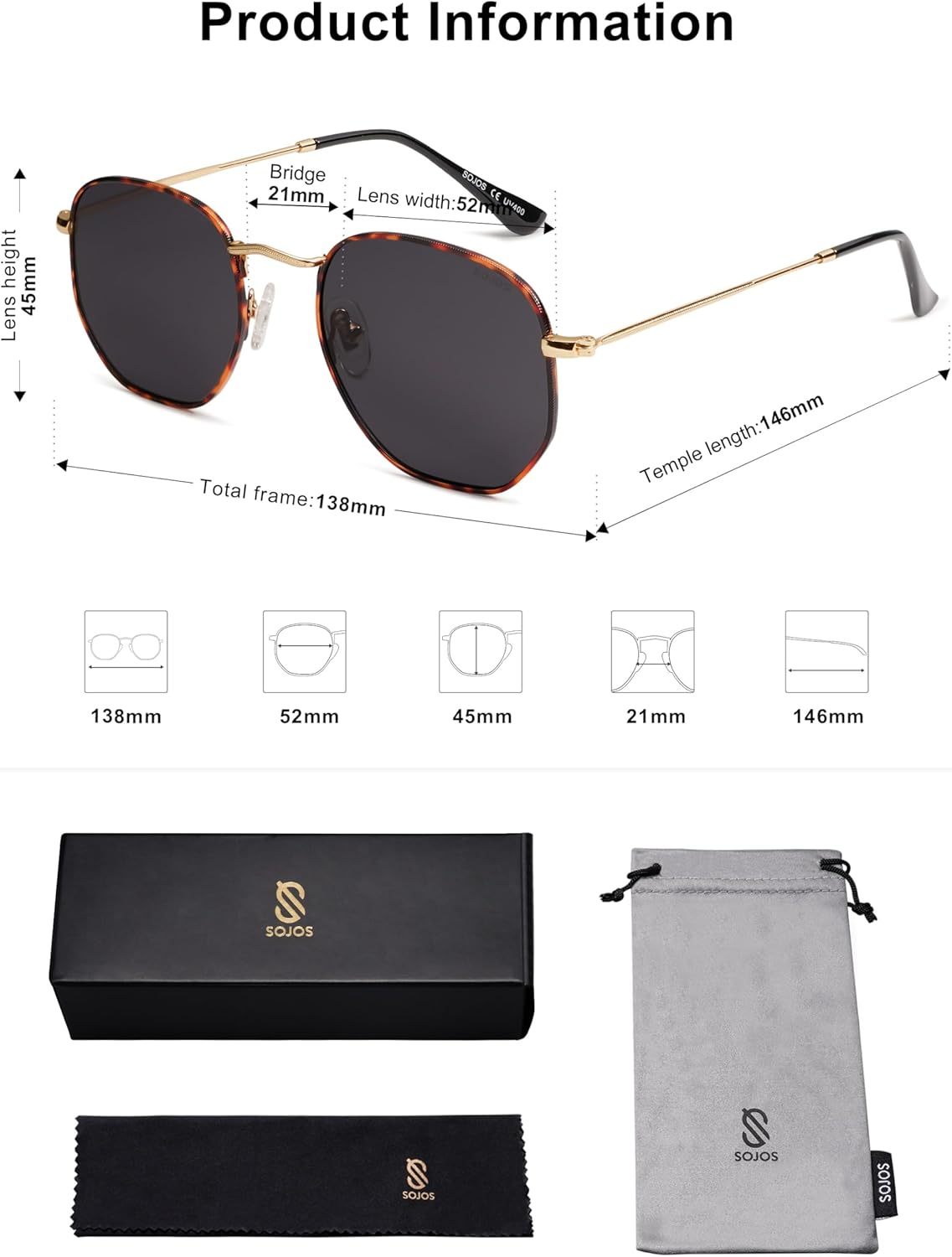 SOJOS Square Polarized Sunglasses for Women Men Small Hexagonal Polygon Shades SJ1072-tidenox