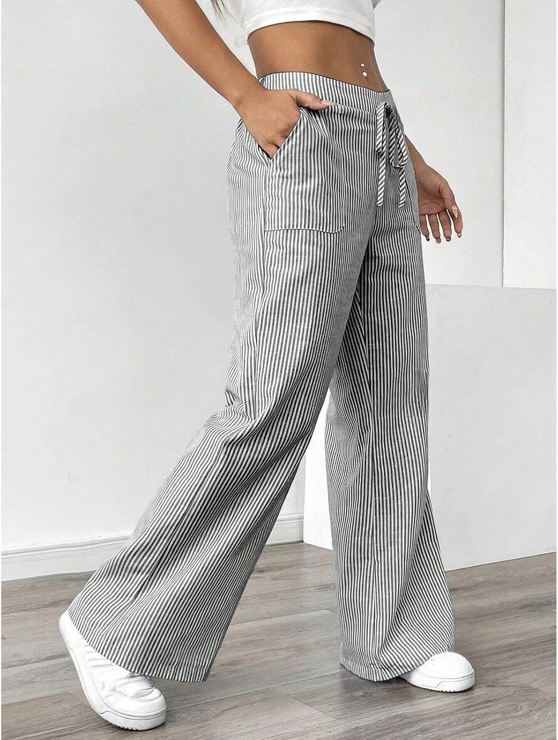 Striped Pants Women Baggy Drawstring Wide Leg Lounge Pants w/Pockets Loose
