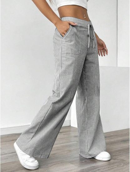 Striped Pants Women Baggy Drawstring Wide Leg Lounge Pants w/Pockets Loose