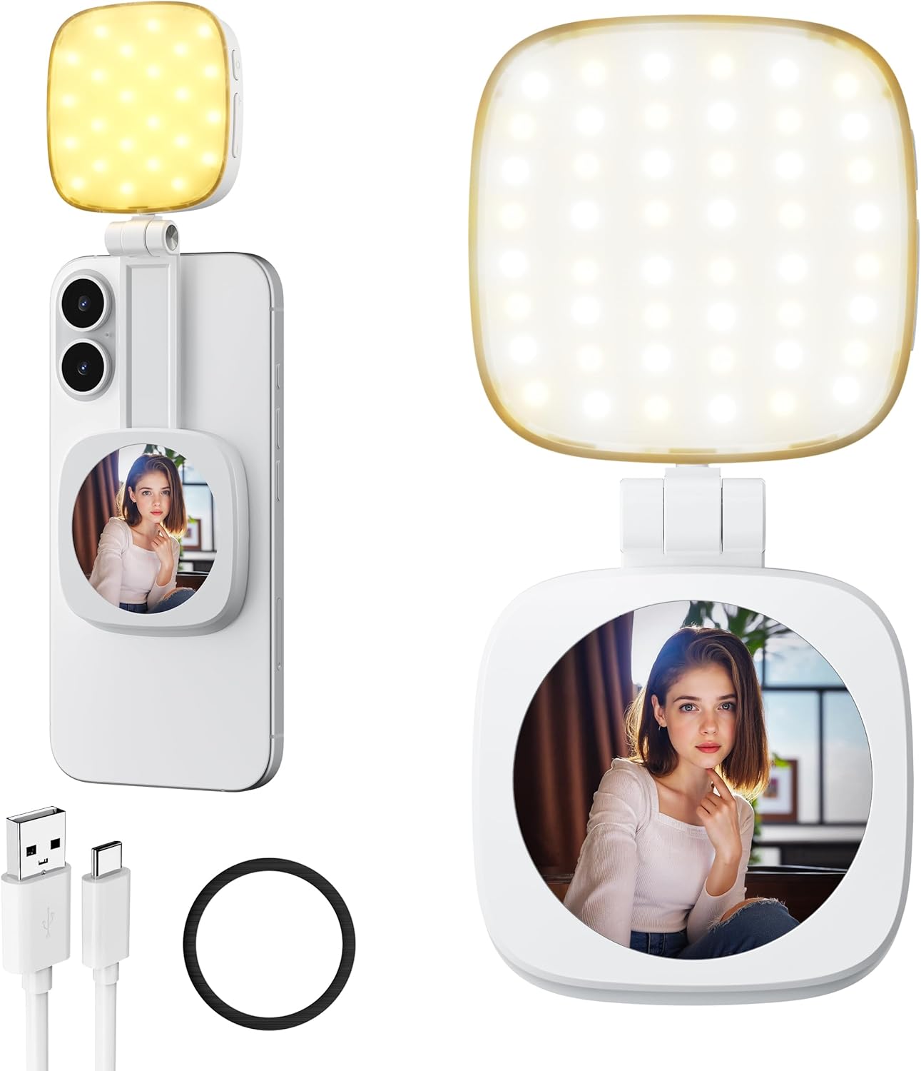 Magnetic Selfie Light for Phone: 5 Led Mode with Mirror Compatible for iPhone & Android - Rechargeable Portable Fill Light for Photography/Video Recording/Conference/Vlog/Makeup (Black)